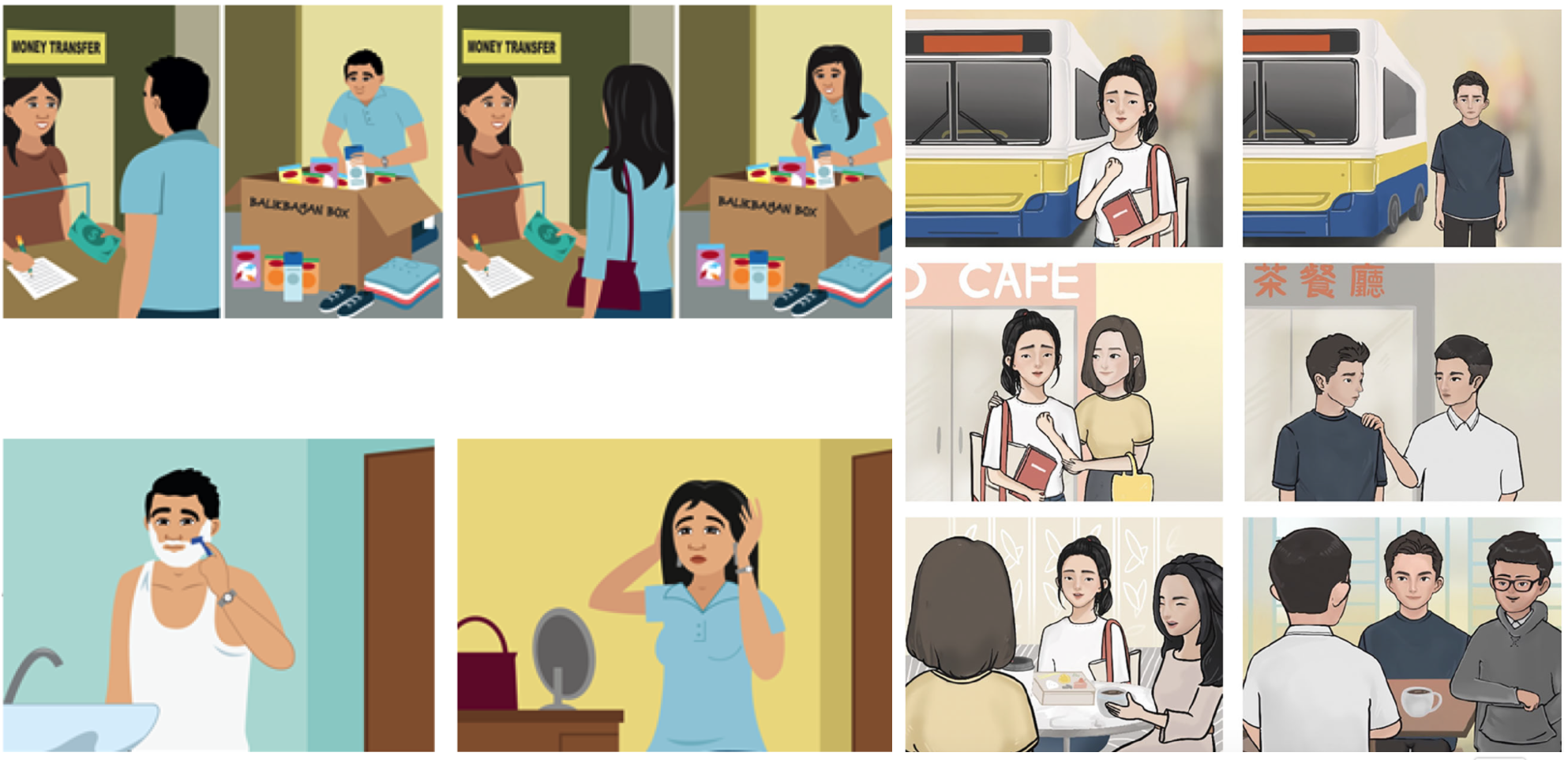 Hall and fellow researchers worked closely with focus groups, mental health care providers, illustrators, writers, and software developers to create adaptations of digital mental health intervention Step-by-Step for Filipino migrant workers (left) and Chinese young adults (right)