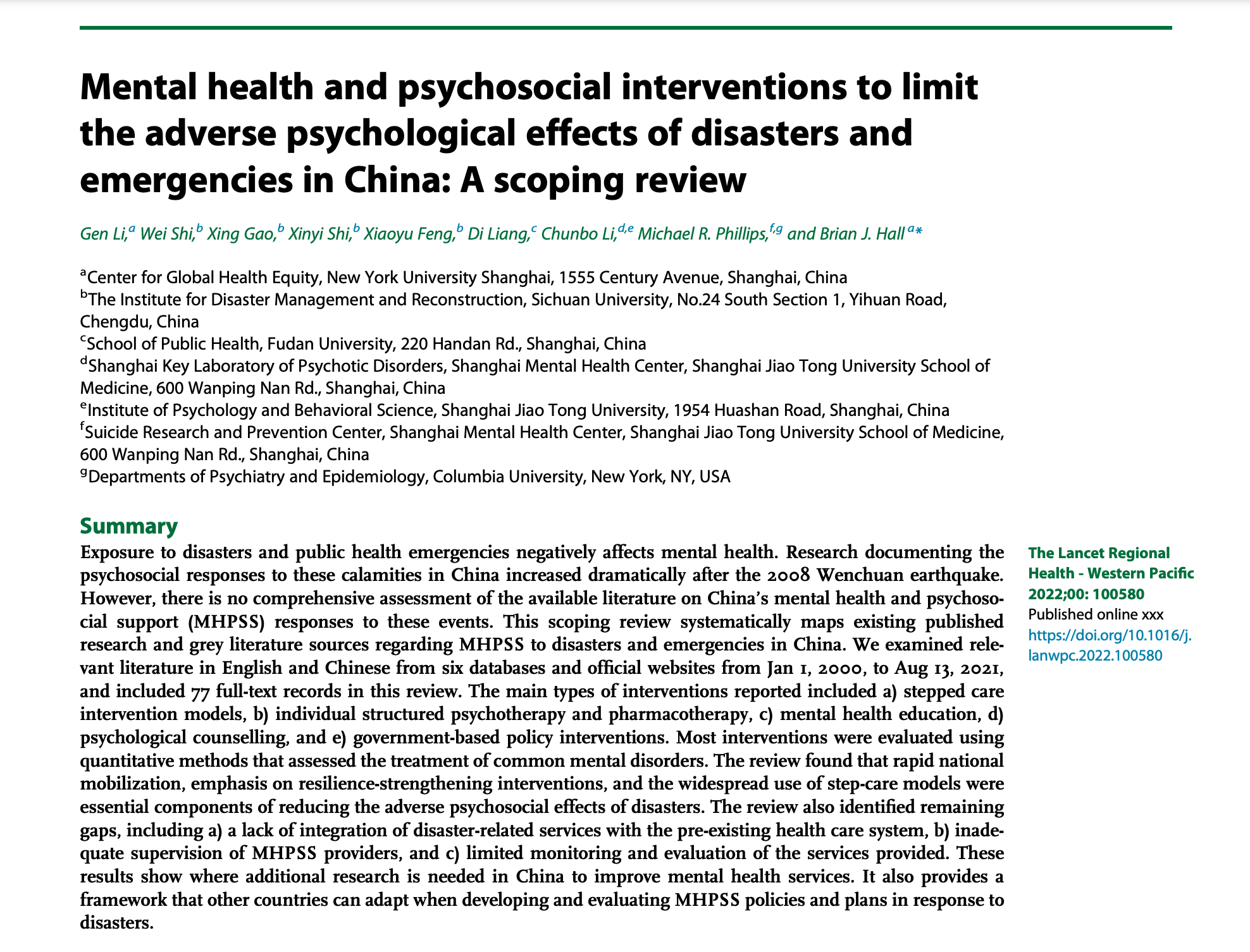 Scoping review on MHPSS in China